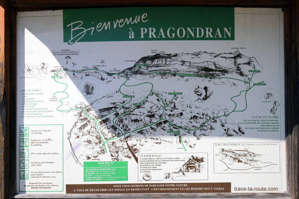 Plan itinéraires de randonnée depuis le village de Pragondran (Savoie), sous la Croix du Nivolet