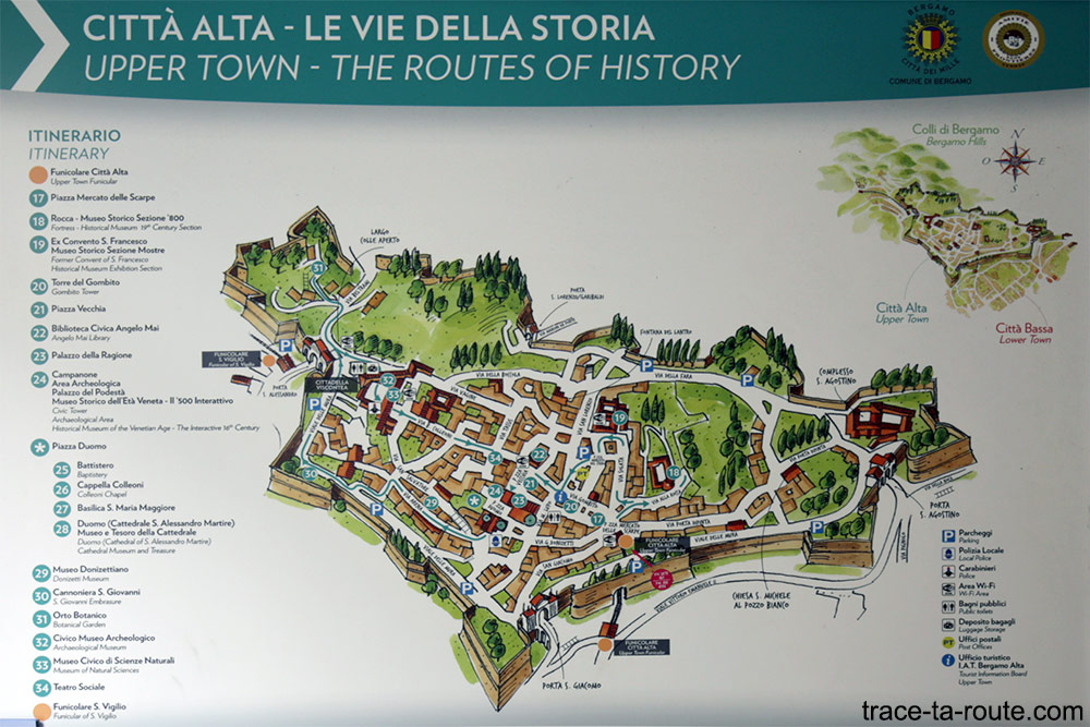 Carte Tourisme - Plan visite de la Ville Haute de Bergame (Città Altà Bergamo)