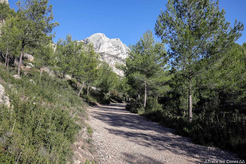Sentier de randonnée dans la Combe des Harmelins avec la Montagne Sainte-Victoire et la Croix de Provence en arrière-plan