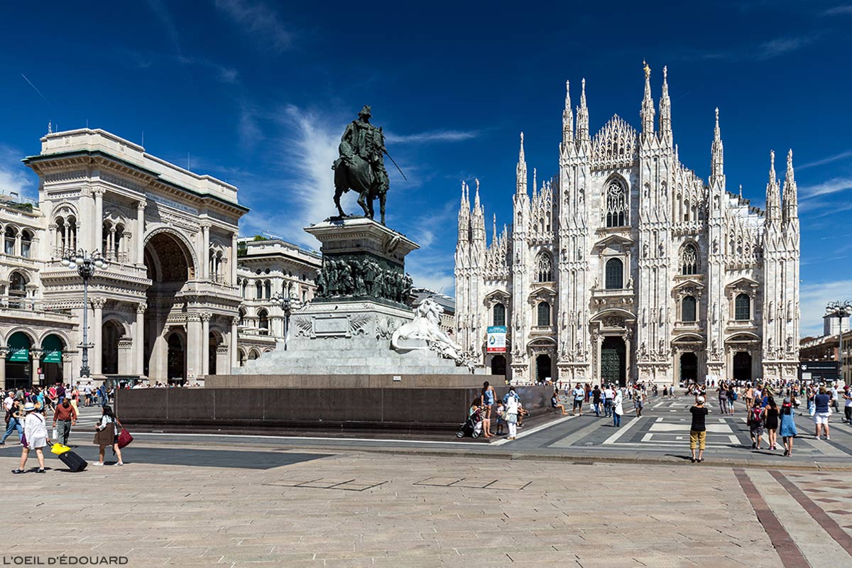 La Piazza del Duomo de Milan : la Galleria Vittorio Emanuele II, la sculpture statue équestre de Vittorio Emmanuele II et la façade de la Cathédrale de Milan - Duomo Milano © L'Oeil d'Édouard