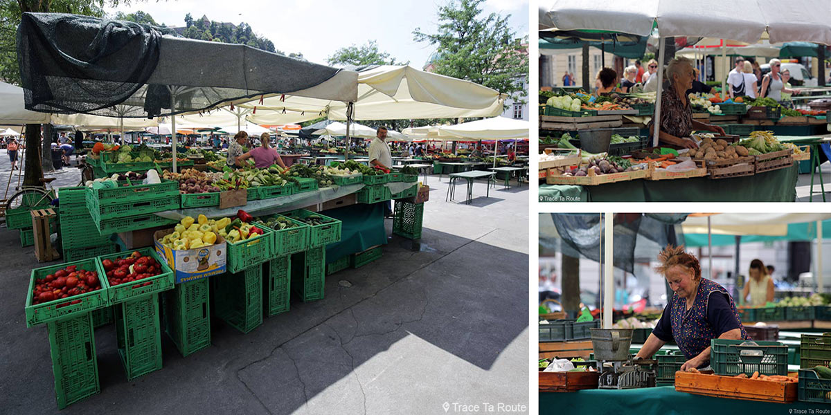 Étals du Marché de fruits et légumes de Ljubljana, Place Vodnikov trg - Slovénie
