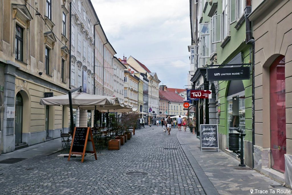 Rue piétonne Mestni trg dans la vieille ville de Ljubljana, Slovénie - Slovenia / Slovenija