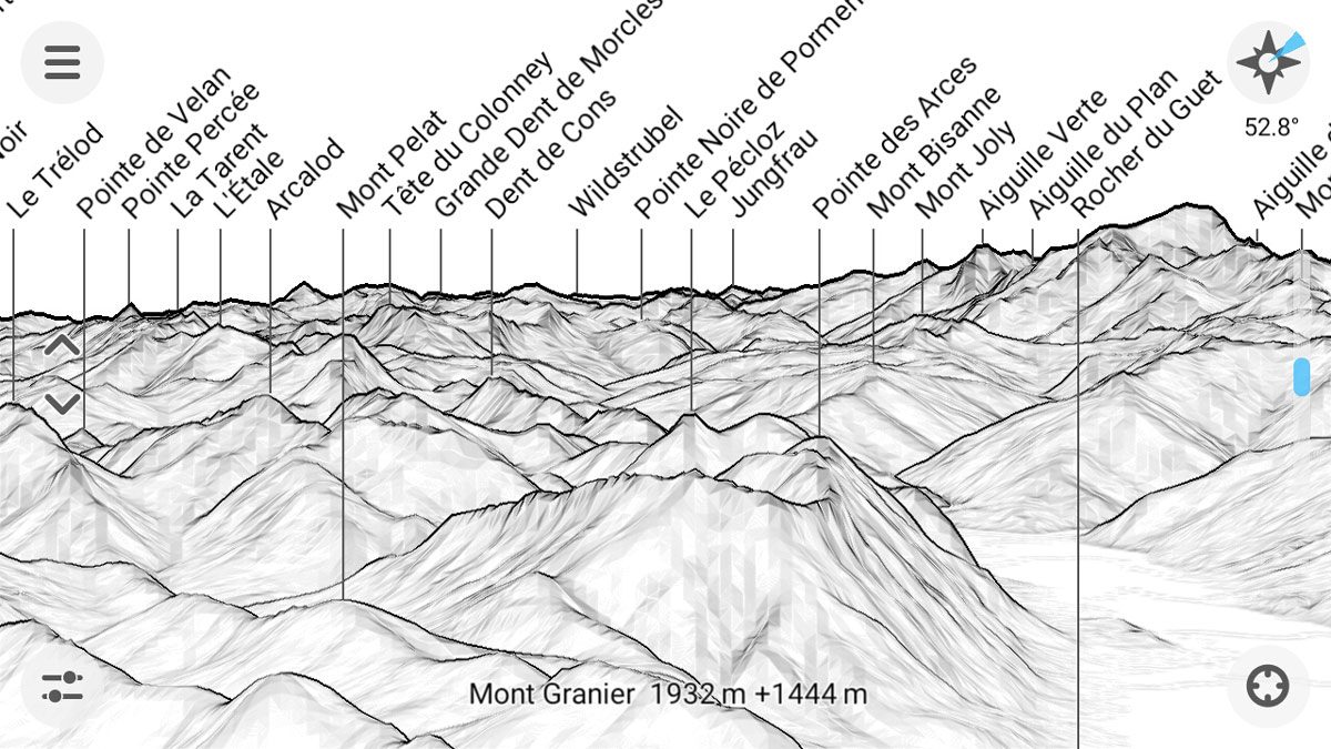 Application PeakFinder nom des montagnes - Capture d'écran smartphone outil Élévation au-dessus du sol (screenshot)