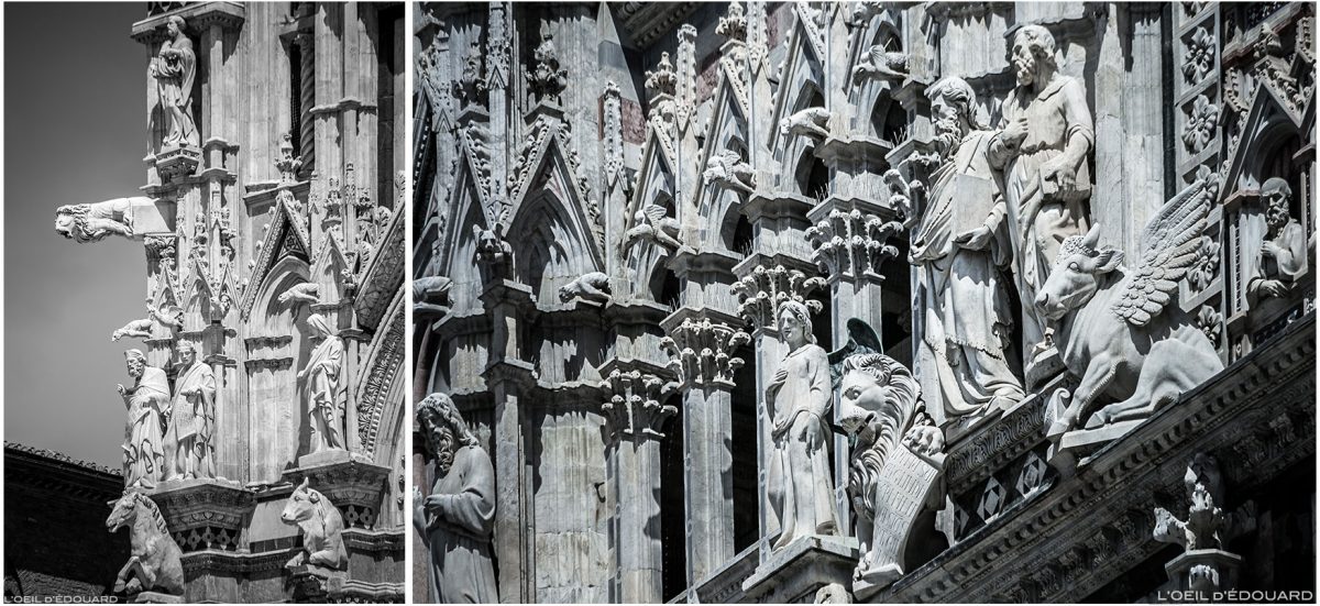 Sculptures statues sur la Façade gothique de la Cathédrale de Sienne Duomo di Siena (Santa Maria Assunta)