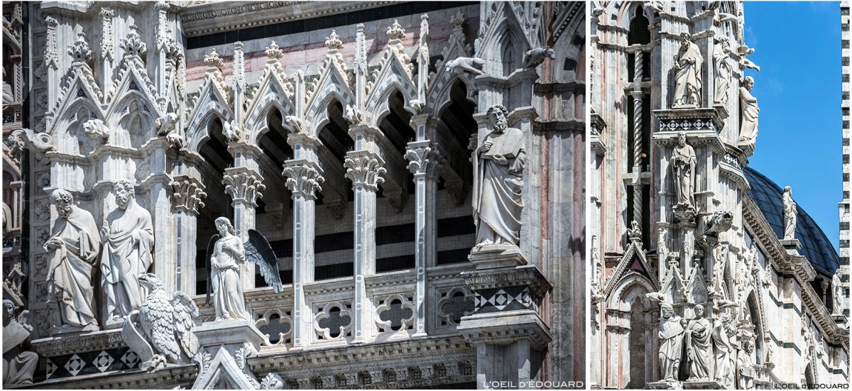 Sculptures statues sur la Façade gothique de la Cathédrale de Sienne Duomo di Siena (Santa Maria Assunta)