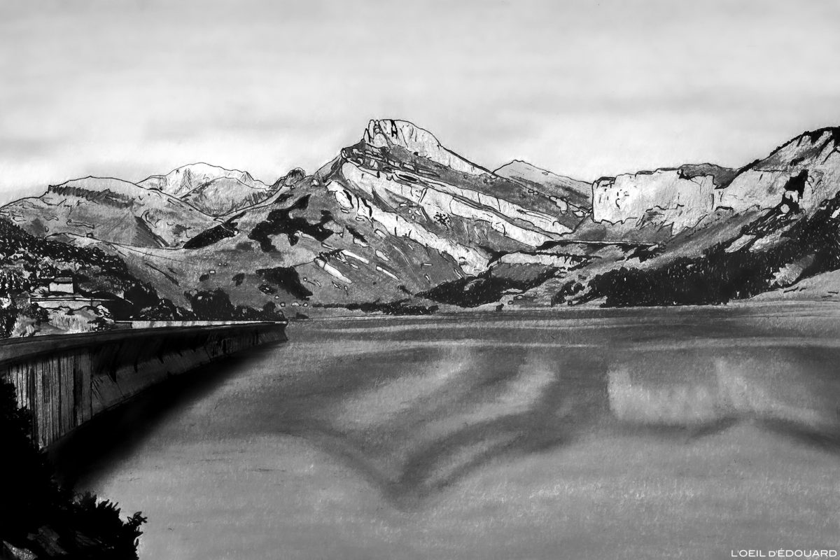 Dessin - Lac de Roselend et Roc du Vent, Massif du Beaufortain, Savoie, Paysage Montagne Alpes / Mountain Landscape Drawing © L'Oeil d'Édouard - Tous droits réservés