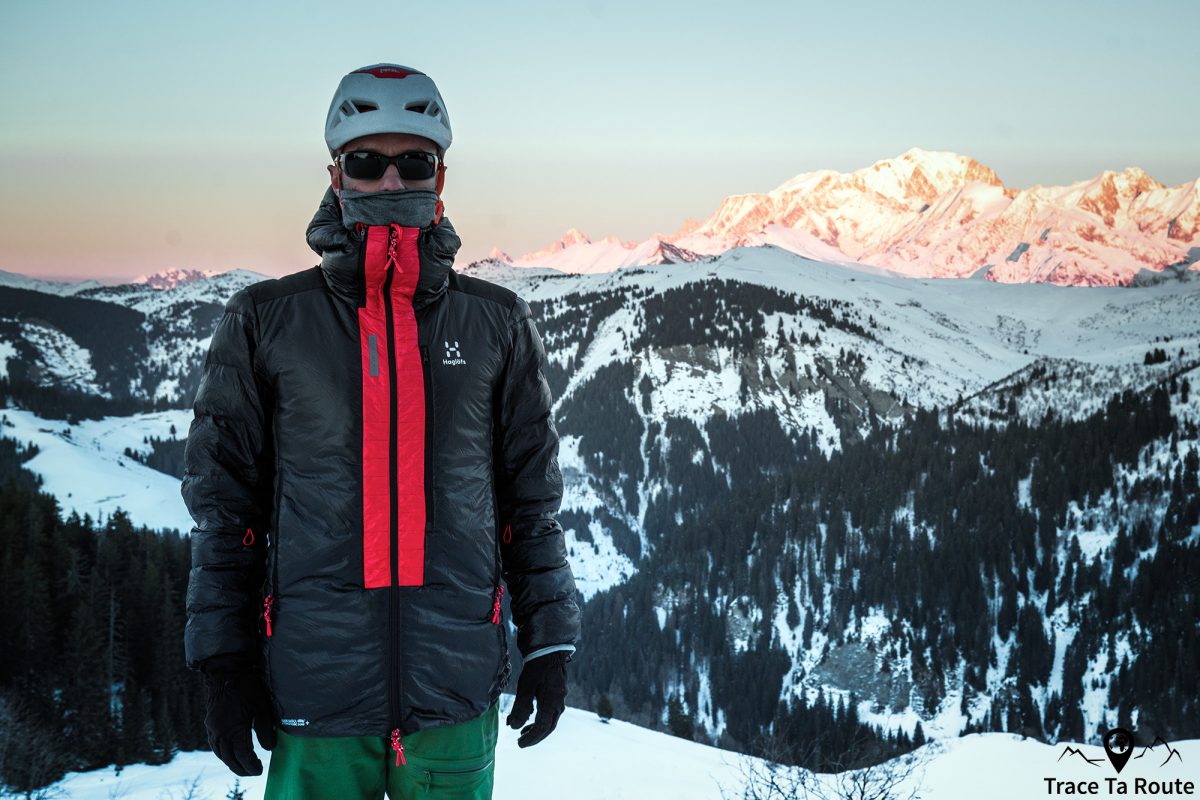 Test doudoune Haglöfs L.I.M ZT Down Jacket Review outdoor mountaineering skiing mountain skiing snow winter sunset - veste alpinisme ski de randonnée Mont Blanc coucher de soleil montagne hiver neige