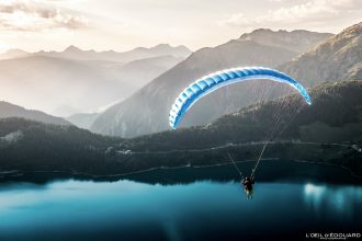 Vol Parapente Lac de Roselend Massif du Beaufortain Savoie Alpes France Randonnée Montagne Paysage Nature Outdoor French Alps Mountain Landscape Hiking Paragliding Fly Paraglide Flying UFO2 AirDesign Gliders Paragliders