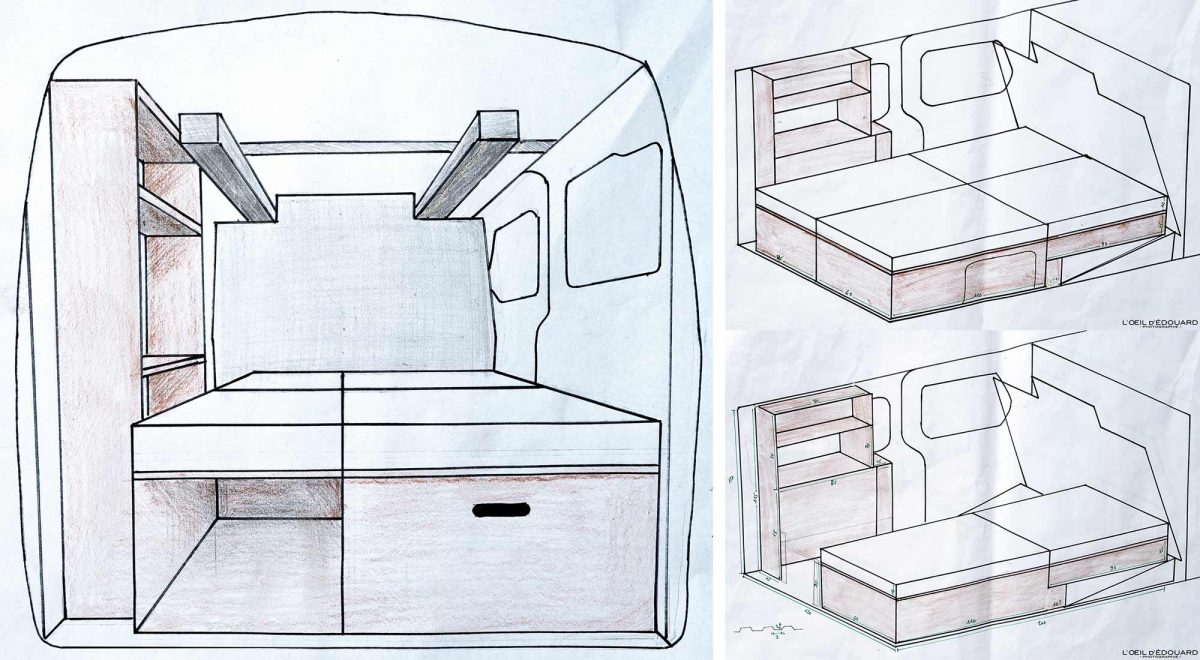 Dessins Plan Structure en bois Caissons Lit - Bricolage Idée Aménagement Voiture Utilitaire Fourgon en Van pour Dormir dedans Road Trip Voyage Travel Car Craft Layout to Sleep in VanLife Drawings