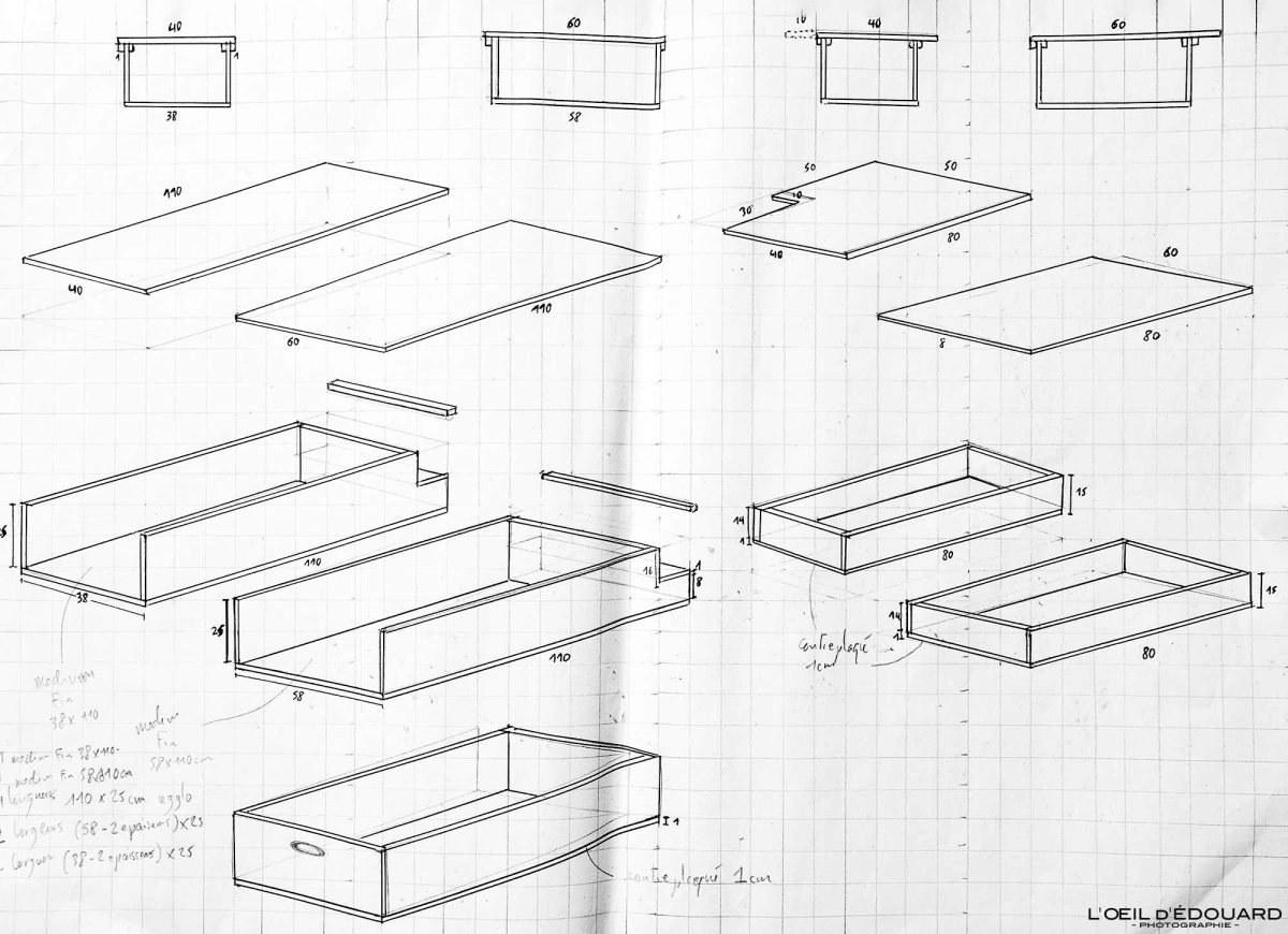 Dessins Plan Structure en bois Caissons Lit - Bricolage Idée Aménagement Voiture Utilitaire Fourgon en Van pour Dormir dedans Road Trip Voyage Travel Car Craft Layout to Sleep in VanLife Drawings