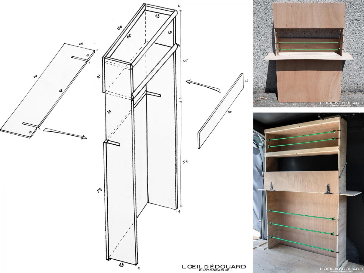 Dessin Plan Étagère en bois Rangement - Bricolage Idée Aménagement Voiture Utilitaire Fourgon en Van pour Dormir dedans Road Trip Voyage Travel Car Craft Layout to Sleep in VanLife Shelf Drawing