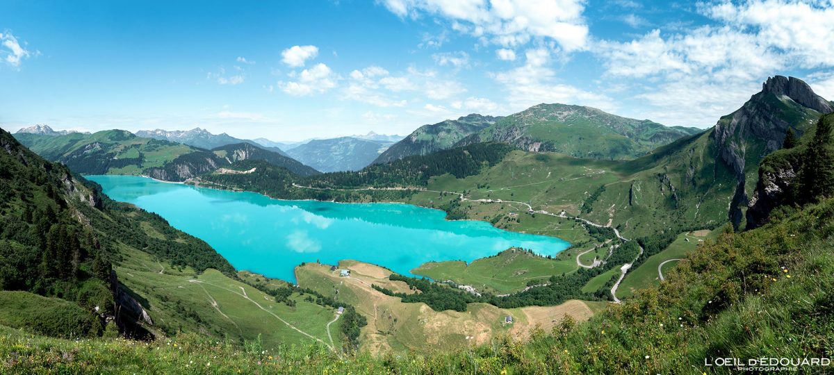 Lac de Roselend Beaufortain Savoie Alpes France Tourisme Paysage Randonnée Montagne Nature Outdoor Landscape Mountain Lake Hiking